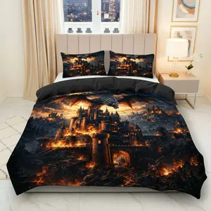 3PCS Duvet Cover Set, 1 Duvet+2 Pillowcases(Without filler), Dragon Castle Fantasy Adventure Medieval Magic theme, Halloween bedding set, Gothic Mysterious Unique Art Suitable for decoration bedroom living room guest room hotel.