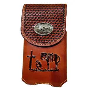 Praying Cowboy Western  Leather Phone Belt Holster 7x4 Inches Magnetic Closure Basket Weave Design with Concho Universal Fit for Large Smartphones