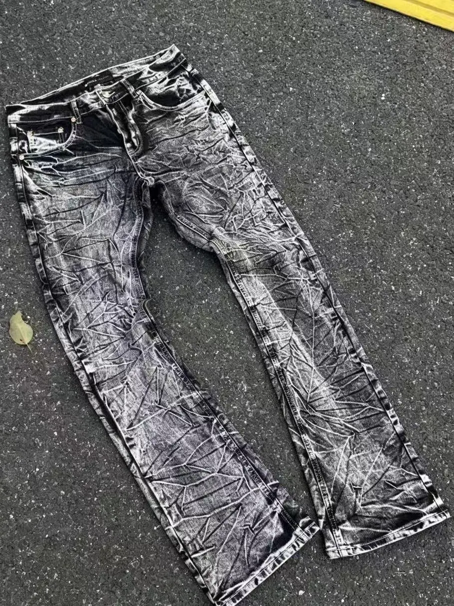 Men’s high-stretch denim jeans with lightning crack pattern, washed finish, slight flare; marble crack gradient distressed bootcut denim pants; Y2K hip-hop street style slim flared five-pocket denim pants
