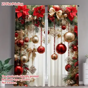 2-Piece set, Merry Christmas theme curtains - red and gold holiday curtains, poinsettia and gold ball decoration, suitable for living room bedroom study home decoration, holiday room decoration, elegant atmosphere, Christmas decoration, Window Curtain