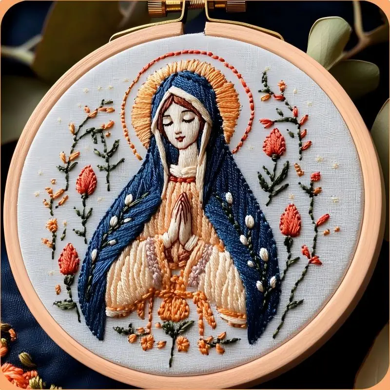 Beginner Embroidery Kit, Elegant Cross Stitch Set, Virgin Mary Style, DIY Embroidery Lovers, Embroidery Craft, Includes Printed Cotton Fabric, Thread, Needle, Chart, Embroidery Design