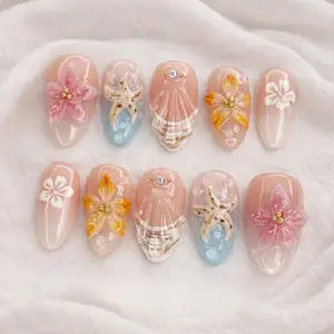 milo.nail&care Handmade 3D Press-On Nails, Shell Texture, Floral Petal Detail & Ocean Inspired Accent, Reusable Almond Nails for Summer Vacation