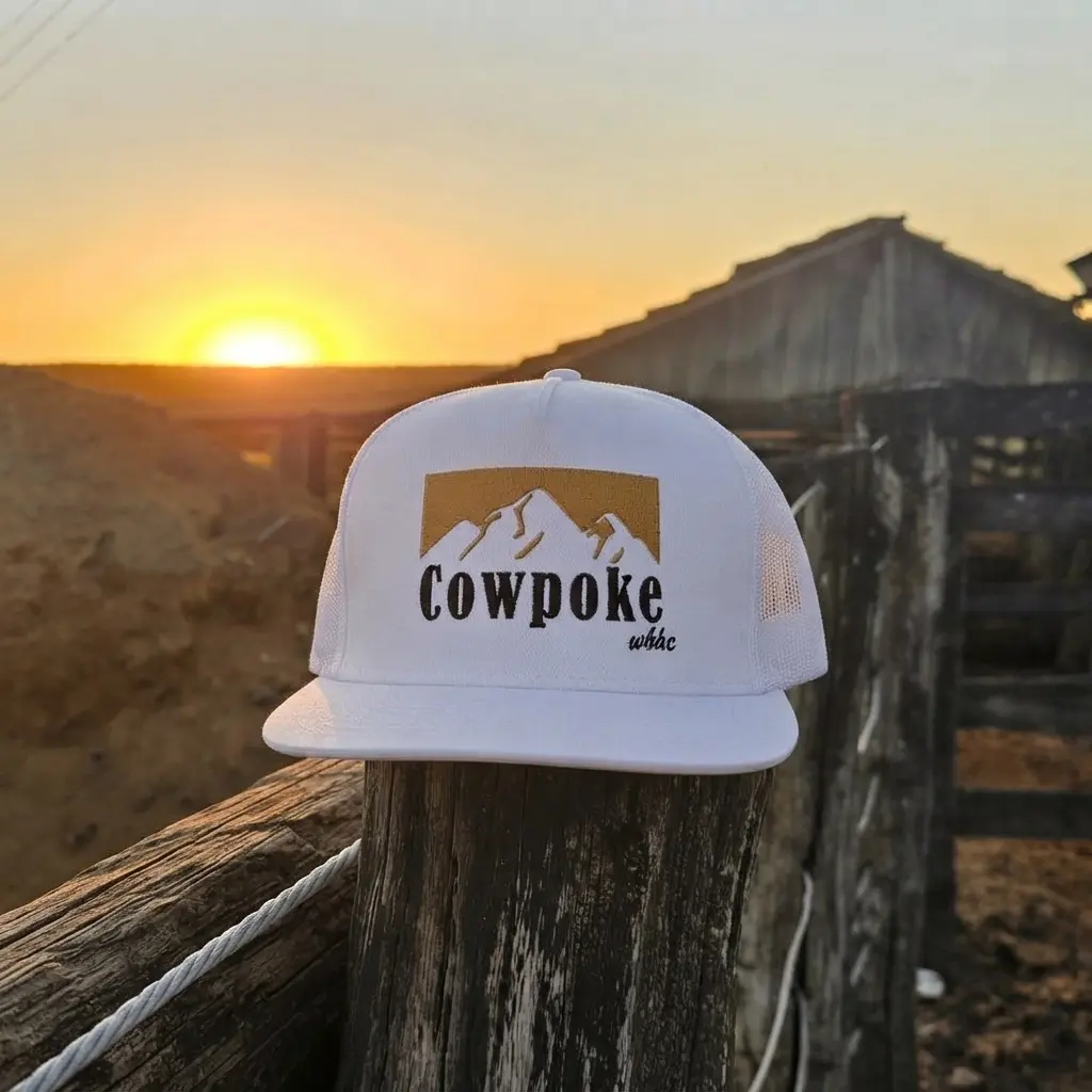Cowpoke Mountain Embroidered Trucker Hat | White Western Mesh Snapback Cap | Cowboy Outdoor Ranch Style Hat | Gift For Her / His