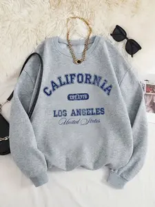 Women's Vintage California Print Pullover Sweatshirt, Fall & Winter Loose-Fit Round Neck Jumper, Casual Street Style Fabric Knit, Womenswear