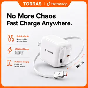 TORRAS FlexLine 40W Fast Charging USB-C Wall Charger, Retractable Built-In 28" Cable, Dual-Port, Compact  Foldable Plug, Advanced GaN Power Adapter, for iPhone 17/16/15 Series, MacBook, Airpods, and More, Perfect for Travel B
