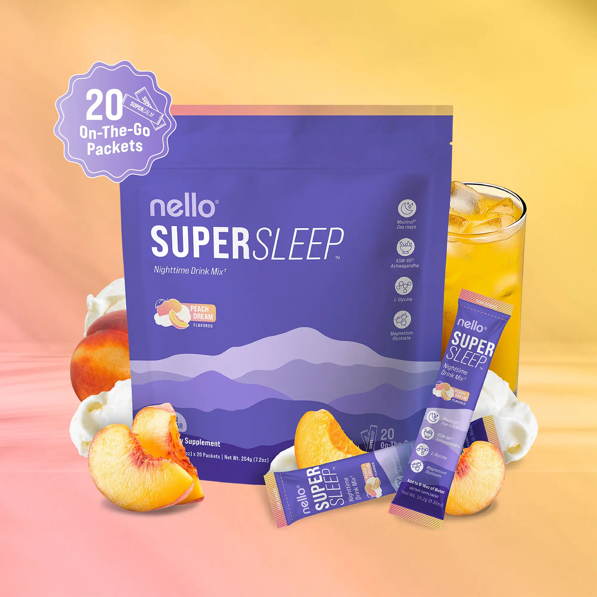 Nello Supersleep Nighttime Sleep Support Drink Mix, 20 Travel Packets, KSM-66 Ashwagandha, Maizinol, L-Glycine, Magnesium Glycinate, Melatonin-Free