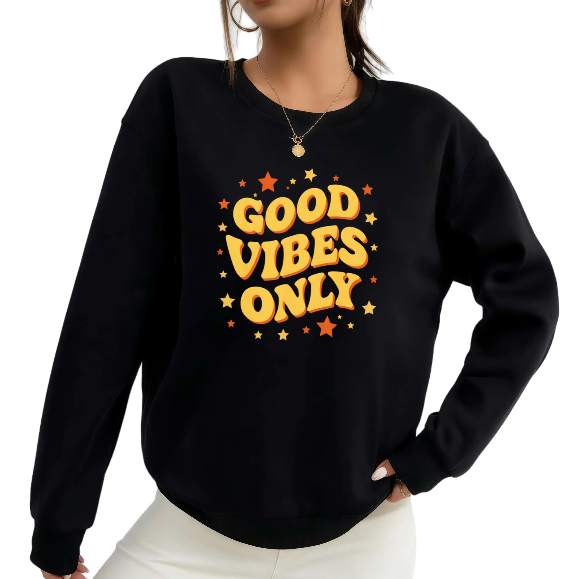 Women's Retro Long Sleeve Pullover Hoodie - Casual 60s & 70s Groovy Prints, Good Vibes Design