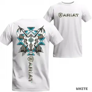 Tribal Skull T-Shirt – Western Bull Skull & Feathers Graphic with Blue Aztec Patterns – Unisex Tee for Country Style &