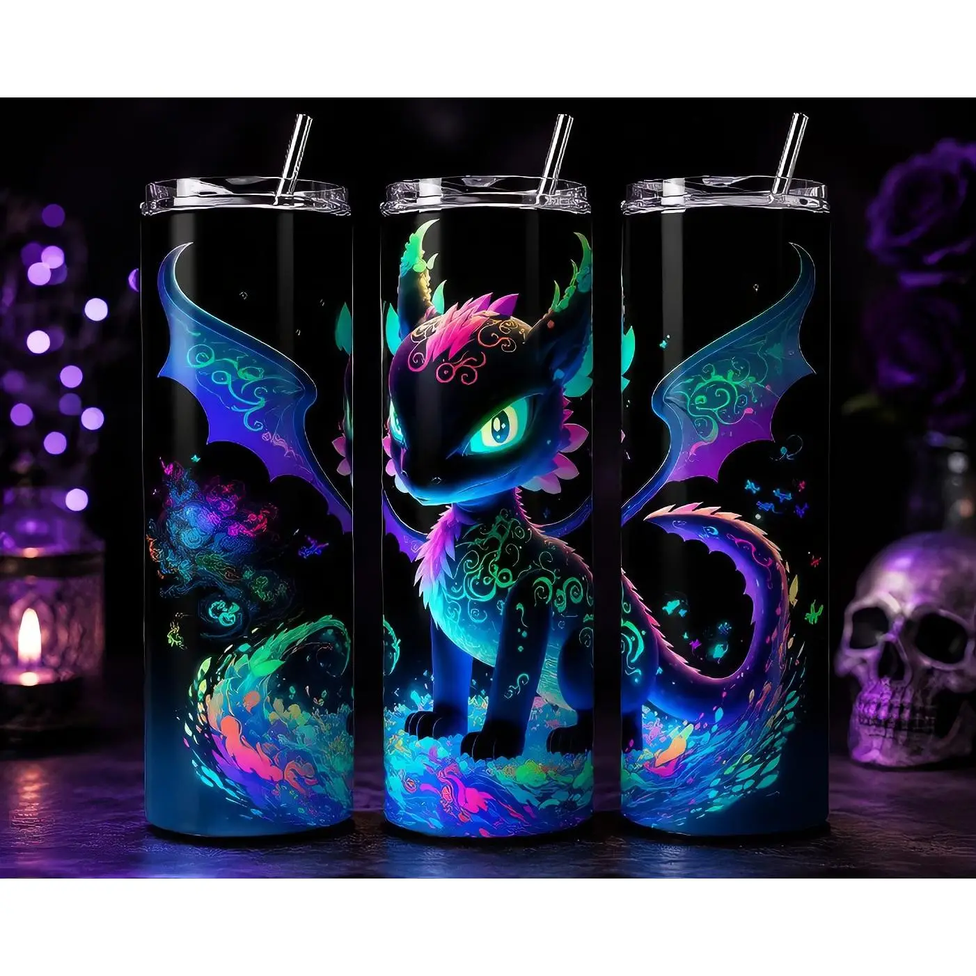 Dragon 20oz Tumbler - Vibrant Neon Design with Colorful Wings and Eyes, Perfect for Drinks and Beverages