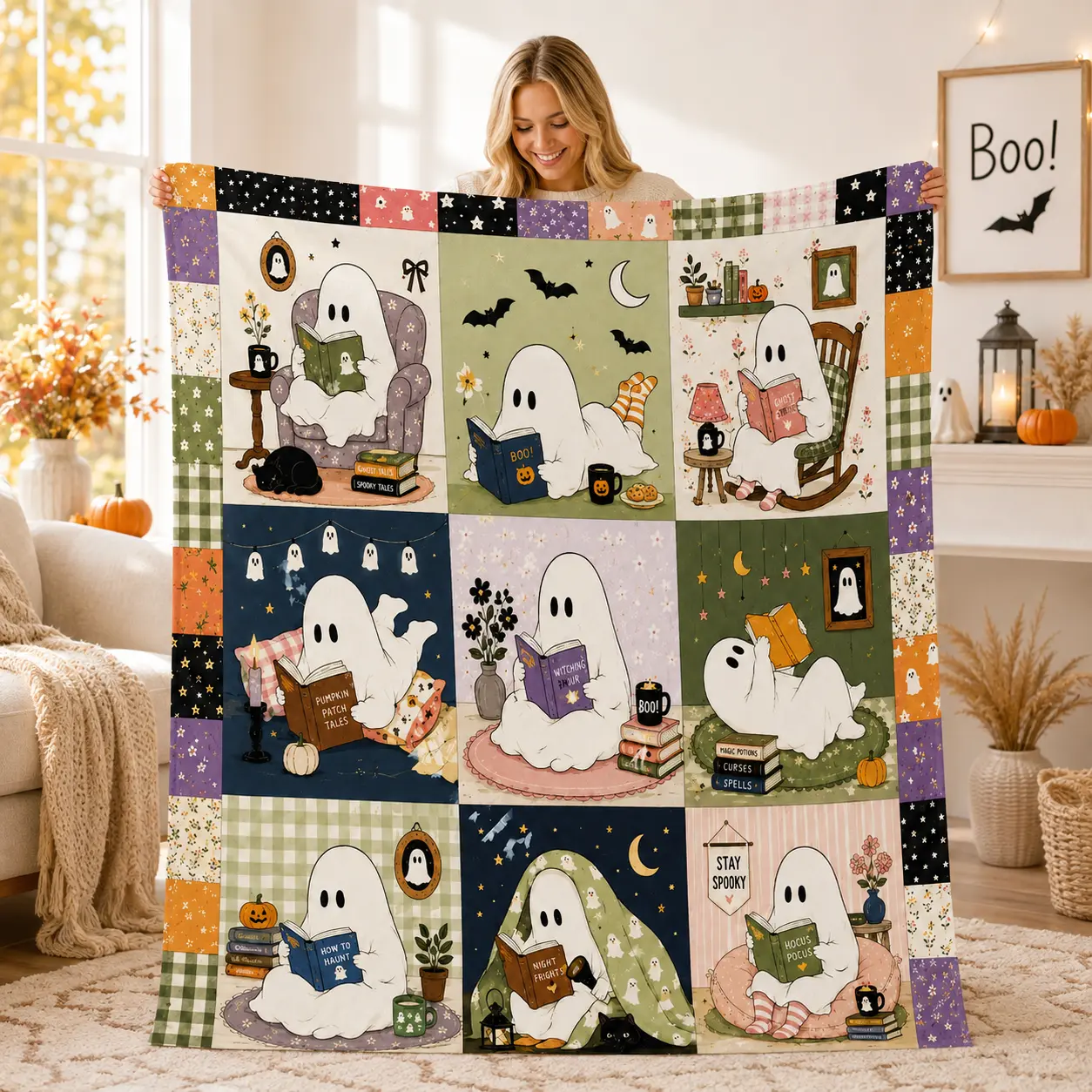 Stay Spooky Ghost Reading Flannel Blanket Halloween Patchwork Book Lover Print Soft Cozy Plush Throw Blanket For Sofa Couch Bed Bedroom Dorm Reading Nook Movie Night Cute Fall Seasonal Comfort