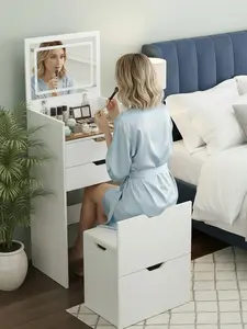 DealsForYouDays 3-in-1 Multi-Functional Vanity Table with LED Lighting Mirror+ 2 Drawers + Hidden Stool, Compact White Dressing Table for Bedroom