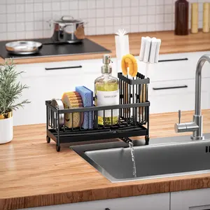 Cisily Sponge Holder for Kitchen Sink, Sink Caddy Organizer with High Brush Holder, Kitchen Countertop Organizers and Storage Essentials, Rustproof 304 Stainless Steel (Black) Kitchen Appliances，Under Sink Organizer，Utensil Holder.