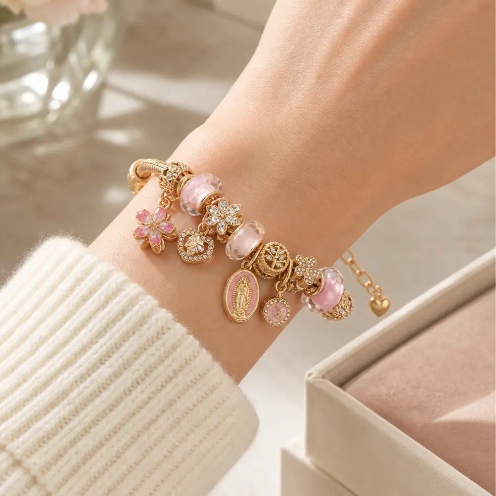 Gold Tone Virgin Mary Charm Bracelet for Women, Colorful Beaded Devotional Bracelet, Rhinestone Fashion Jewelry Gift for Her