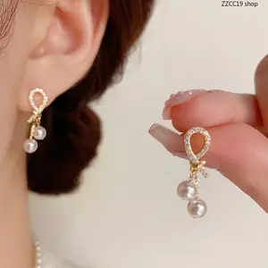 Bow Knot Pearl Drop Earrings - 14K Gold Plated CZ Pave Dangle Earrings | Dainty Sparkly Hypoallergenic Earrings for Women Daily Office Wedding Party Wear