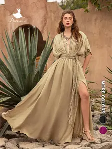 Boho V-Neck Bubble Sleeve Womenswear Dress with Belted Waist and Side Slit, Perfect for Bohemian Bridal Photoshoots, Destination Weddings, Garden Ceremonies
