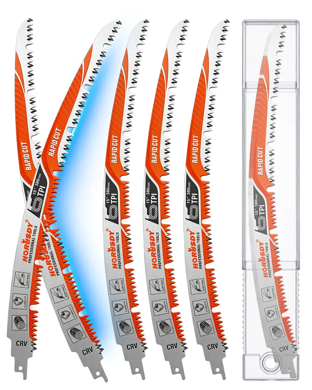 15 Inch Reciprocating Saw Blades, 5 Pack, 6TPI Japanese Teeth Arc Edge CR-V Pruning Saw Blades for Tree Trimming and Wood Cutting, with Case