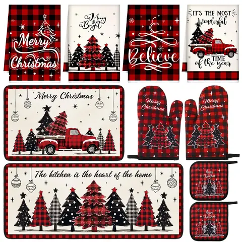 Christmas Kitchen Towel & Rug Set with Oven Mitts and Pot Holders, Farmhouse Holiday Baking Decor, Xmas Kitchen Gift