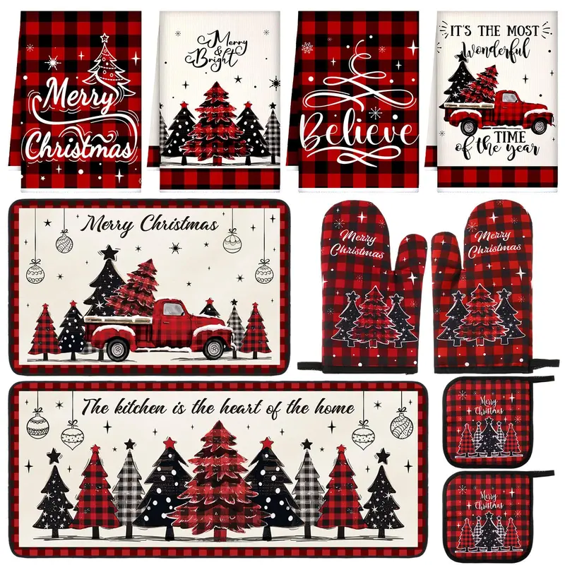 Christmas Kitchen Towel & Rug Set with Oven Mitts and Pot Holders, Farmhouse Holiday Baking Decor, Xmas Kitchen Gift