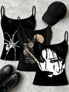 Gothic Punk Sleeveless Crop Top, Spider Skull Cat Print, Slim-Fit Strappy Vest, Casual All-Over Print, Three-Piece Set