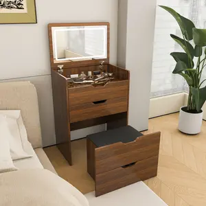 23.62"L Flip Top Makeup Dressing Table,Walnut 3-in-1 Vanity Desk with Lighted Mirror & Stool,  Compact Storage for Bedroom Bathroom Dressing Room