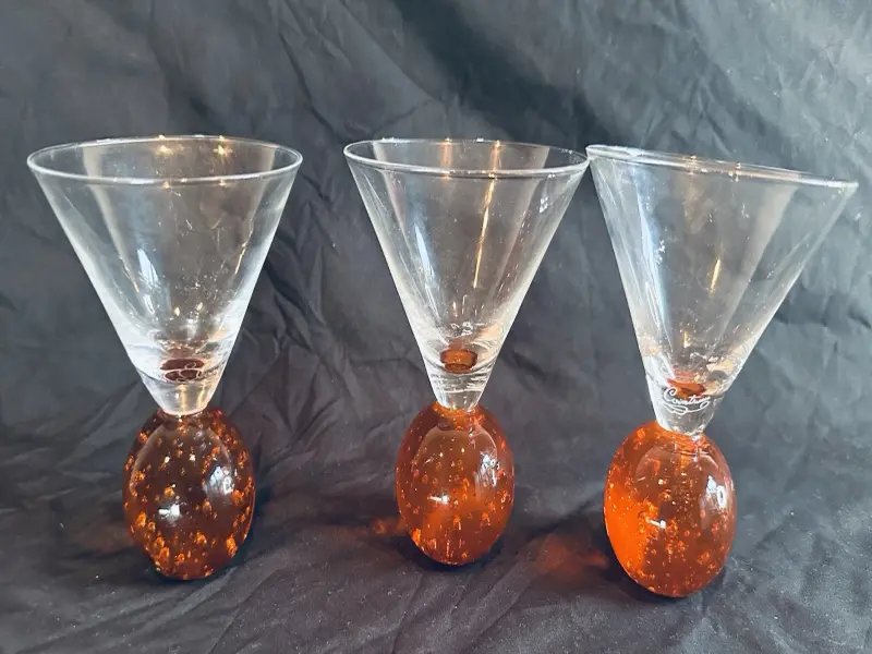 Cointreau Vintage E Cointreau Martini Bubble Glasses Signed Set of 3 Classic Drinkware with Abstract Round Pattern Durable Hand-Blown Mid-Century Modern Style - Stylish