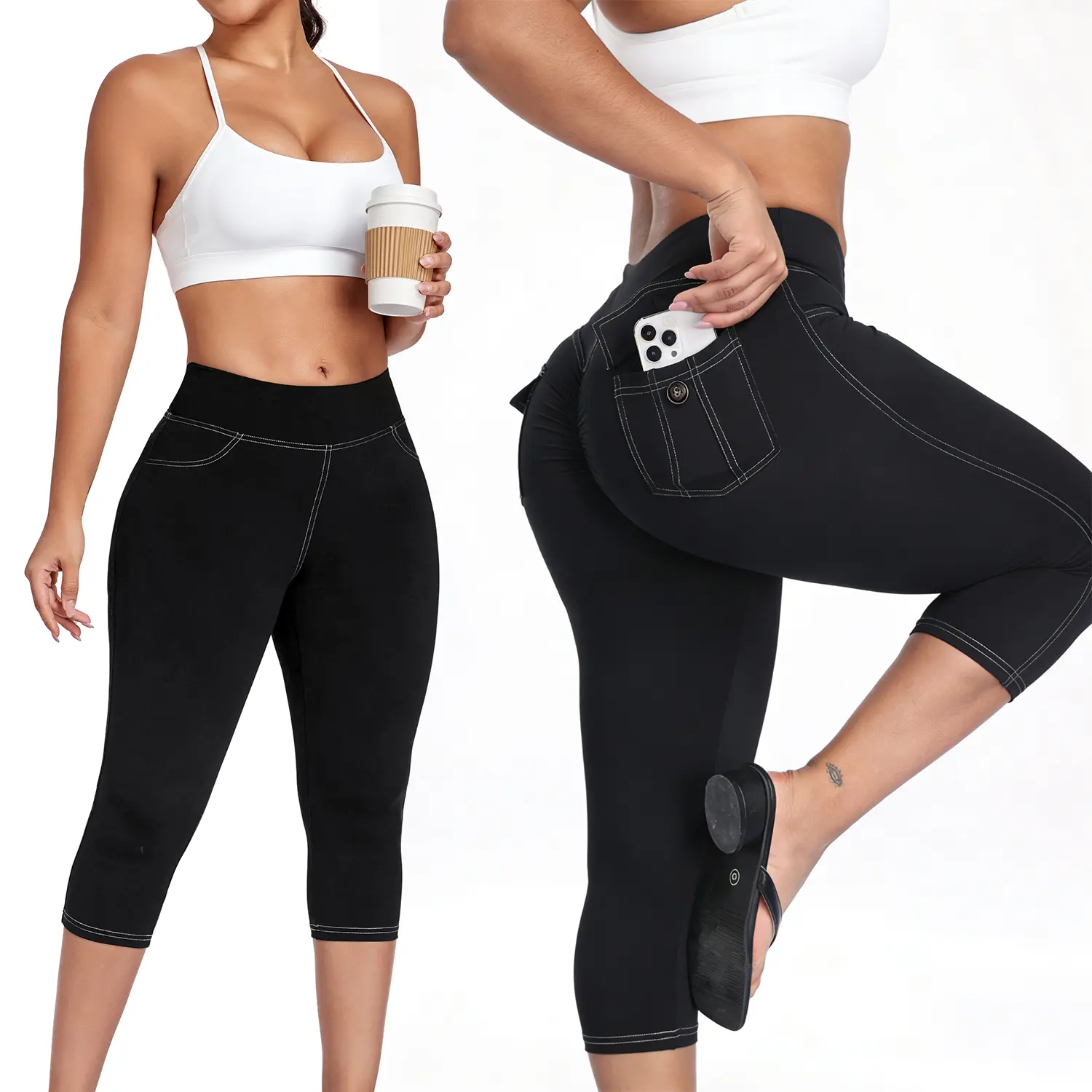 RIOJOY Women's Capri Leggings with Cargo Pockets Scrunch Butt Lifting Gym Yoga Pants Moisture-Wicking Tummy ControlWorkout Capri Pants Fitness Summer Bottoms Athletic Bottoms