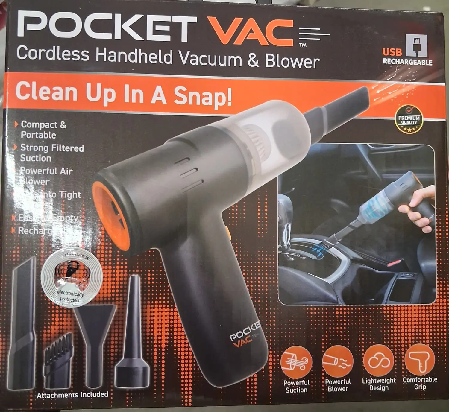 Pocket Vac Cordless Handheld Vacuum & Blower USB Rechargeable Compact Portable with Strong Filtered Suction and Powerful Air Blower