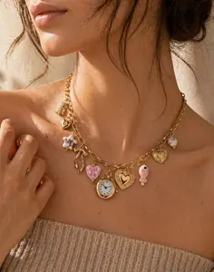 Coquette Pink Ceramic Watch Charm Necklace & Bracelet – Gold Floral Fish & Bow Set (Buy Together Or Seperately)