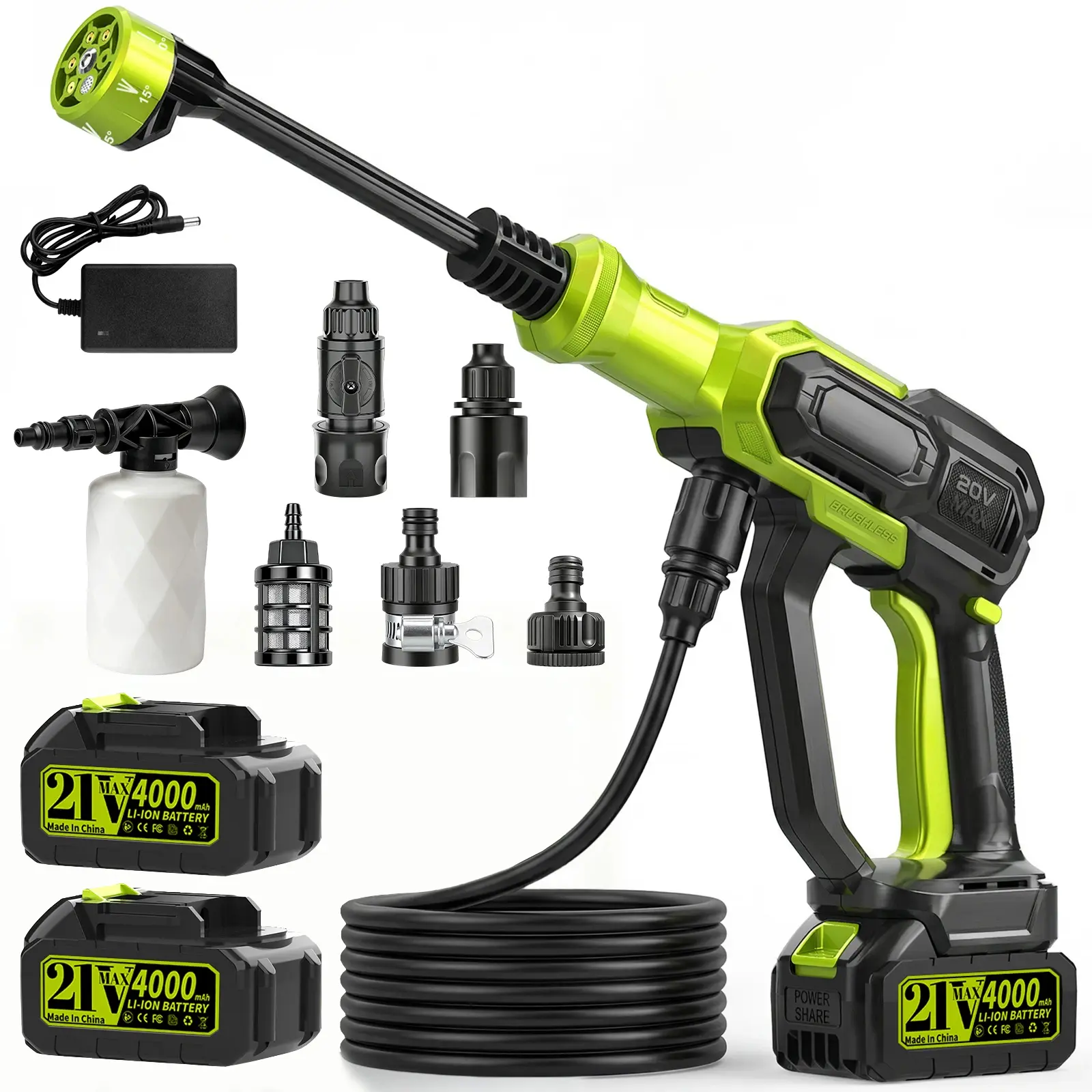 21V Cordless Battery-Operated High Pressure Cleaner, Portable Pressure Washer with 2 Batteries, 6-in-1 Nozzle, Adjustable Water Flow, Filter Basket for Car Detailing, Outdoor Use