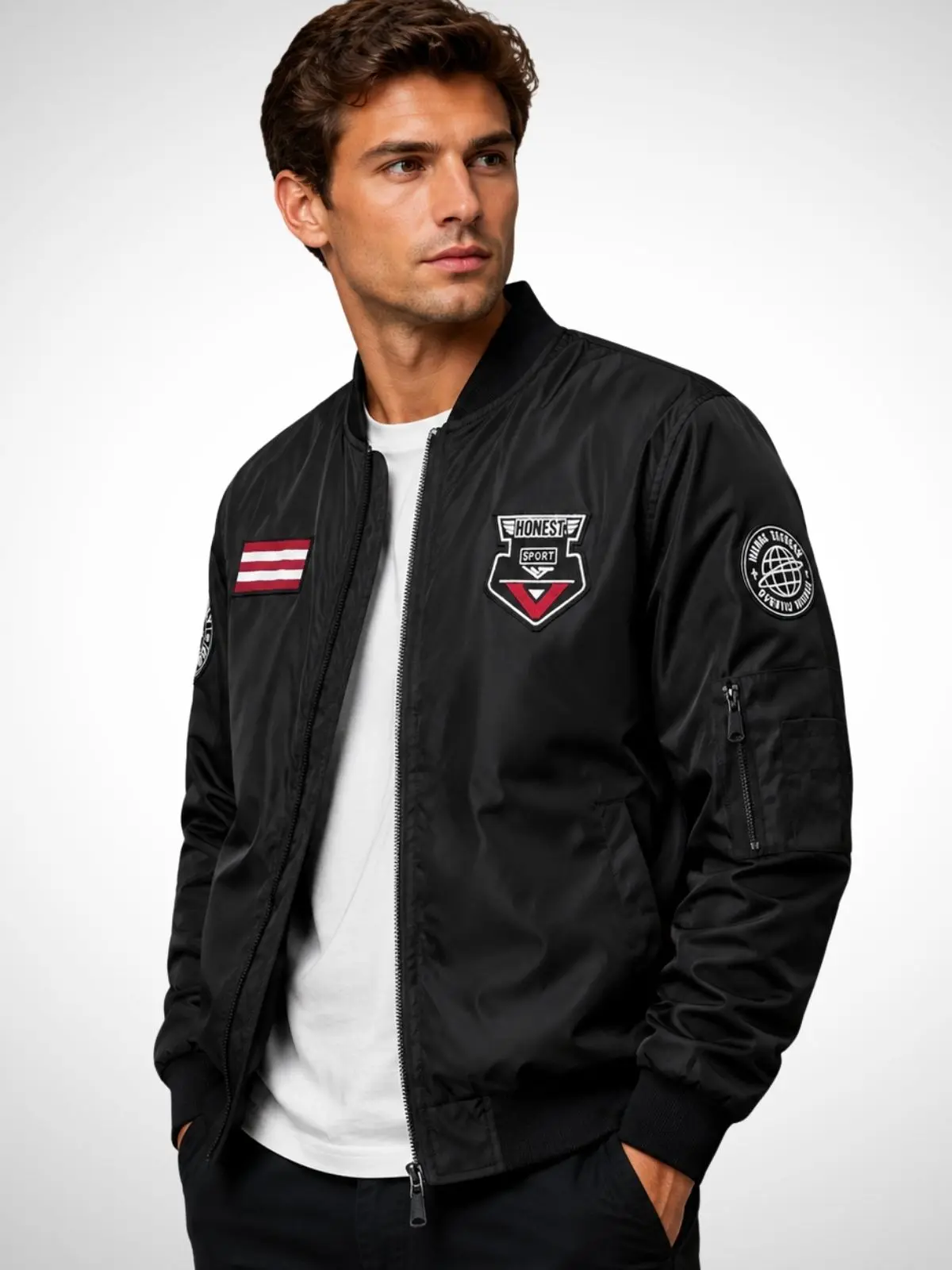Men’s Flight Baseball Jacket — Embroidered Patch Details, Ribbed Collar, Zipper Closure, Windproof Aviator Jacket