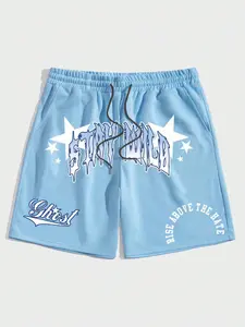 Men's Star & Letter Print Drawstring Waist Shorts, Graphic Print Shorts, Y2k Casual Regular Fit Pocket Straight Leg Shorts for Summer, Mens Bottoms for Daily Wear