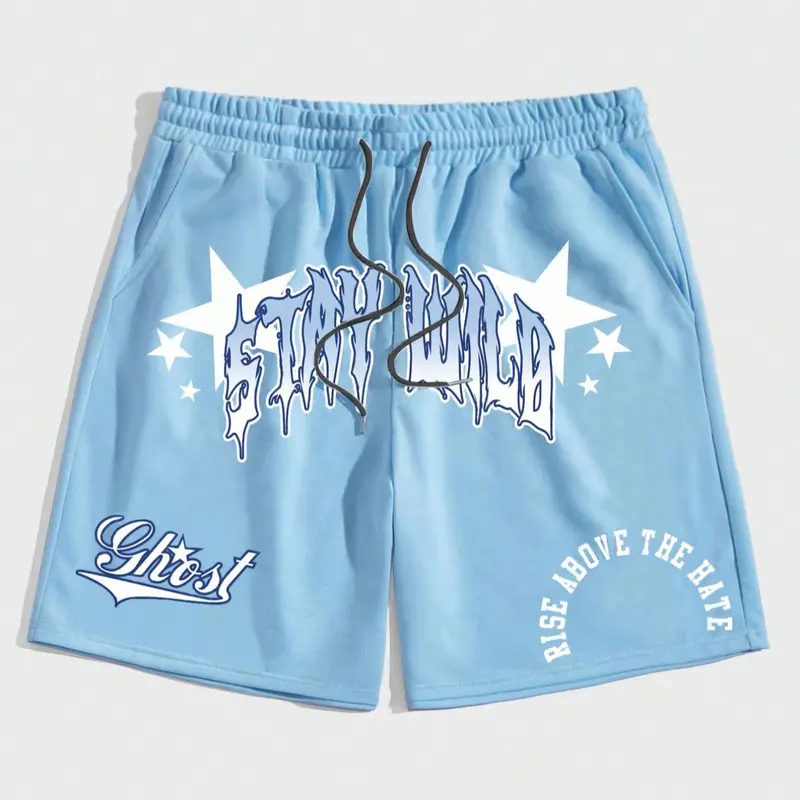 Men's Star & Letter Print Drawstring Waist Shorts, Casual Regular Fit Pocket Straight Leg Cut Shorts for Summer, Casual Home Shorts, Mens Bottoms for Daily Wear, Drawstrings Shorts