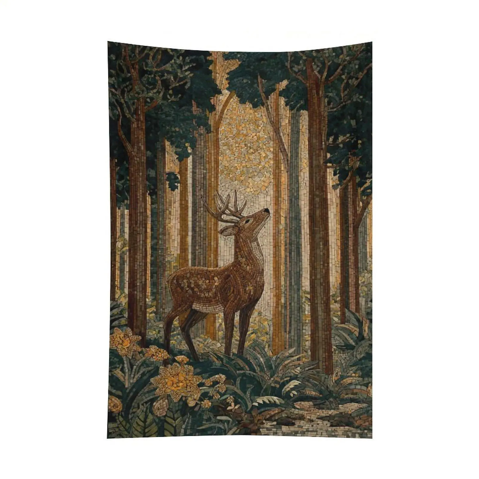 Mosaic Style Deer Forest Wall Tapestry - Vintage Woodland Stag Wall Hanging, Nature Cottagecore Home Decor