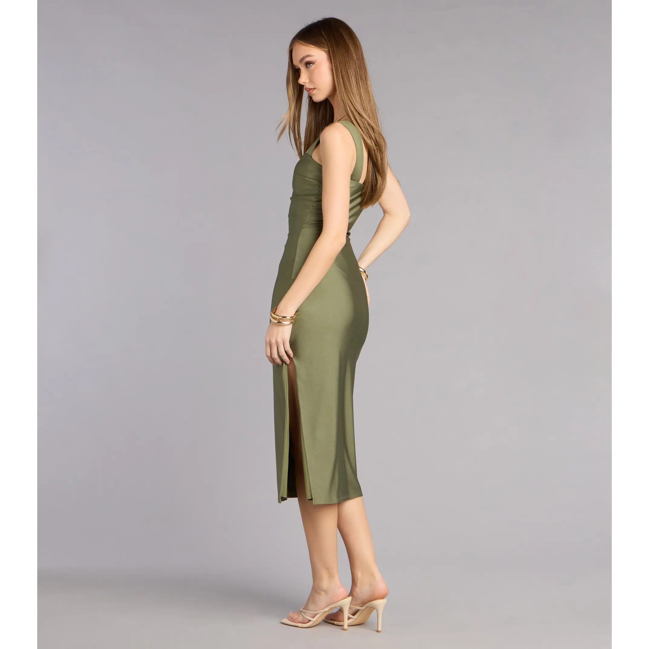knee length dresses for ladies Flutter Sleeve V-Neck Smocked Waist Midi Dress Teal / Small main image 0