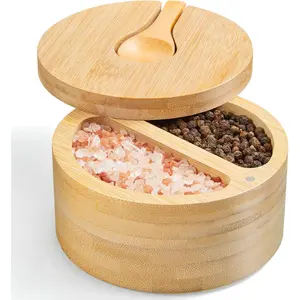 OUTNILI 2-Compartment Salt Box with Lid and Spoon, Bamboo Salt Cellar with Swivel Lid, Salt and Pepper Bowls for Salt & Spices, Dual 6 oz Salt Container