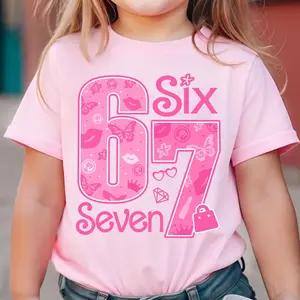 Pink  Meme Shirt, Six Seven Trend Tee, Funny Viral Number Sweatshirt, Barbie Outfit - Girls, Six Seven Funny Meme Shirt