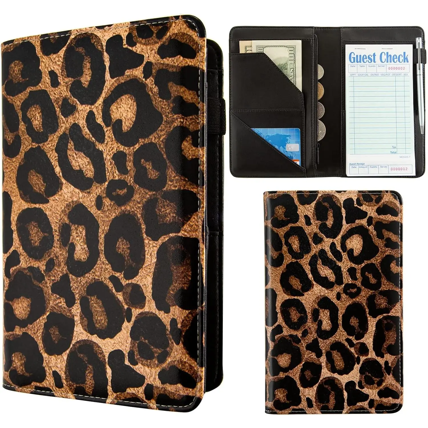Server Book, Server Books for Waitress, Server Book with Zipper Pocket, Cute Server Book, Waitstaff Organizer Waitress Book with  Pocket and Zipper Fit Server Apron (leopard print)
