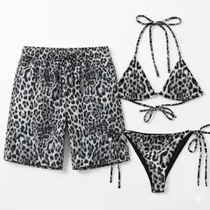 Grey Leopard Couple Swimsuit  2-Piece Women's Bikini + Men's Summer Shorts  Matching Safari Beachwear Set