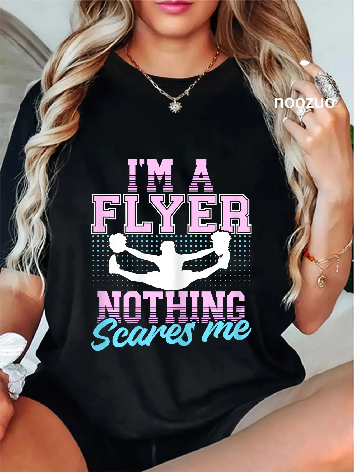 Women's 100% Cotton Round Neck Graphic Top, Unisex Everyday Streetwear T-Shirt with "I’m A Flyer Nothing Scares Me" Cheer Motif, Tshirt, Vintage, Casual