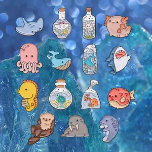15PCS marine animal pins, cartoon cute shark octopus turtle badges, exquisite and compact alloy buckle clothing packaging accessories, exquisite small gifts to give to friends