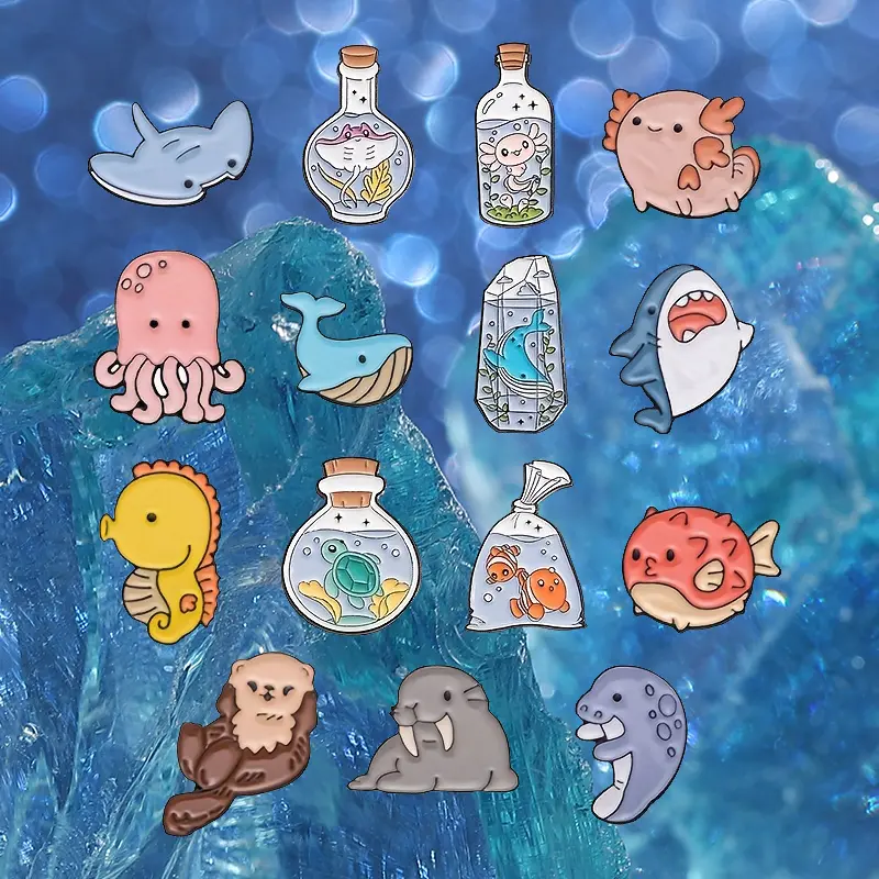 15PCS marine animal pins, cartoon cute shark octopus turtle badges, exquisite and compact alloy buckle clothing packaging accessories, exquisite small gifts to give to friends outdoorfun