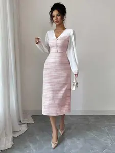 New Elegant Chic V-Neck Elastic Colorblock Mesh Bubble Sleeve Bodycon Dress, Formal Wear, Stylish Women's Fashion, Perfect for Parties and Events