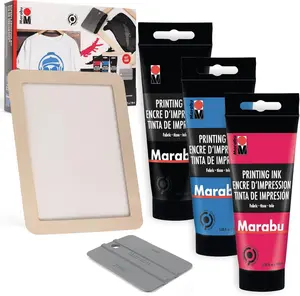Marabu Screen Printing Kit Set with Reusable Wooden Frame, Screen Printing Squeegee, and 3 x 100ml Ink - Great for Beginners