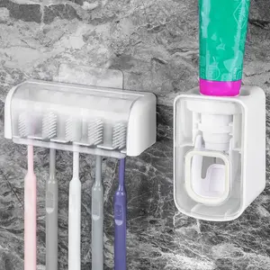 5 Slots Wall Mount Toothbrush Holder with Cover, Self Adhesive Toothbrush Storage Organizer for Shower, Toothbrush Hanger with Automatic Toothpaste Squeeze