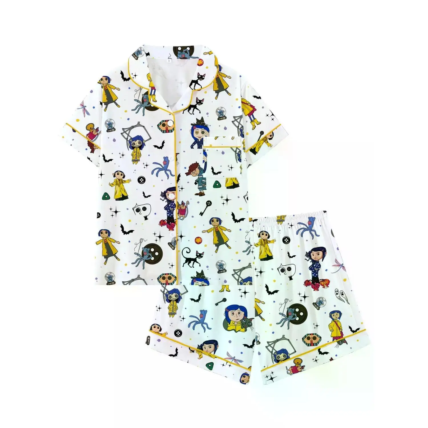 Summerween Cartoon Print Pajama Set, Women's Short Sleeve Loungewear, Loose-Fitting Casual Sleepwear for All Seasons, Stylish Sleepwear for Fantasy Fans & Young Adults, Comfortable Loungewear for Relaxing Days & Home Wear, Top and Bottom