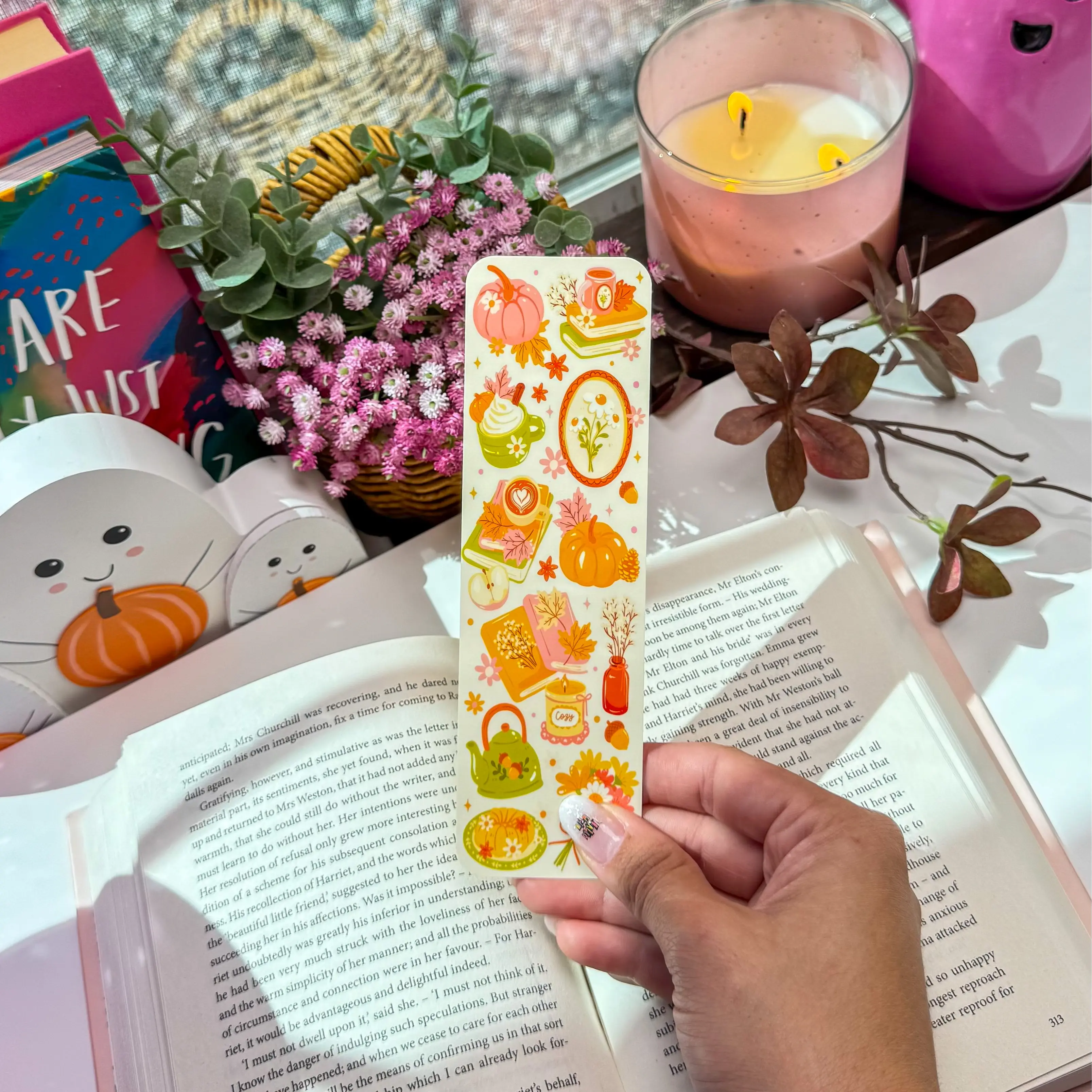 Cozy Autumn Bookmark - Fall Book Club Aesthetic Gift with Pumpkins Leaves & Drinks Printed on Matte Photo Paper Durable Double-Sided Artwork