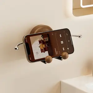 Wooden Suction Phone Holder for Wall, Pebble-Shaped Hands-Free Phone Stand for Kitchen, Bathroom, Shower & Home