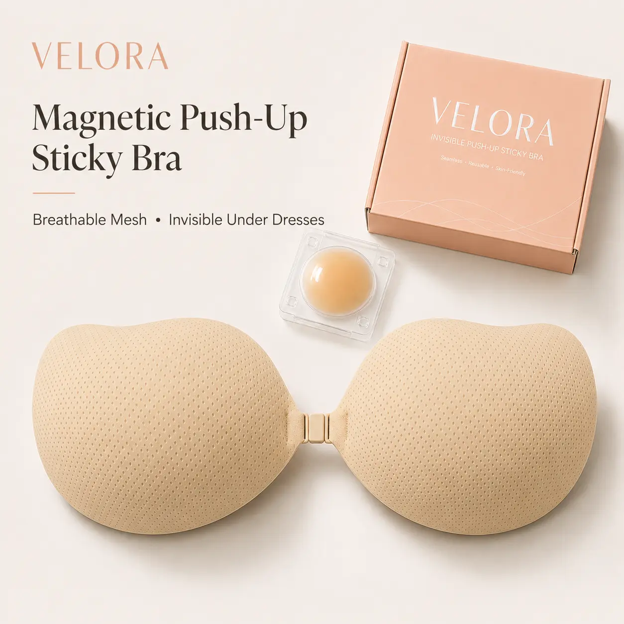 VELORA Women's Sticky Push-Up Bra – Breathable Mesh, Magnetic Front Clasp, Strapless Backless Adhesive Bra for Dresses & Party Outfits