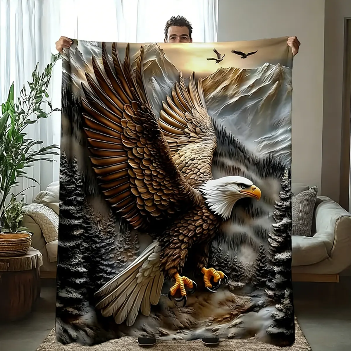 1pc Ultra-Soft Skin-Friendly Flannel Blanket Shawl - Classic Majestic Eagle Mountain Print, Wrinkle Resistant, Durable, Breathable, Fast-Drying, Multi-Size, Travel-Ready, Ideal for Nap, Sofa Lounging (Great Birthday Gift), Mountain Scene, Infant, Flannel