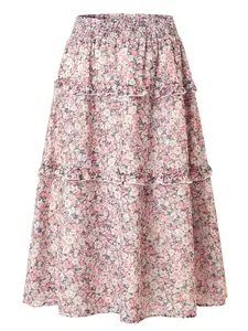 INSPIRE CHIC Floral Skirts Smocked Elastic Waist Below Knee Length Ruffle Tiered Skirt Pink